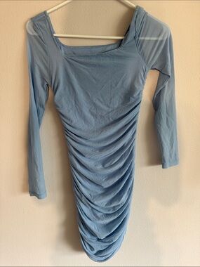 Blue Ruched Long Sleeve Bodycon Dress